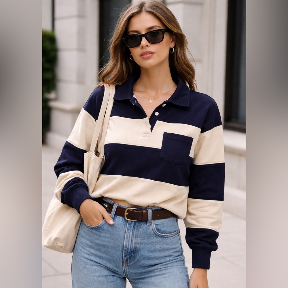 Atelier by Kirious Navy & Cream Rugby Stripe Pullover ✨ Preppy- Size S